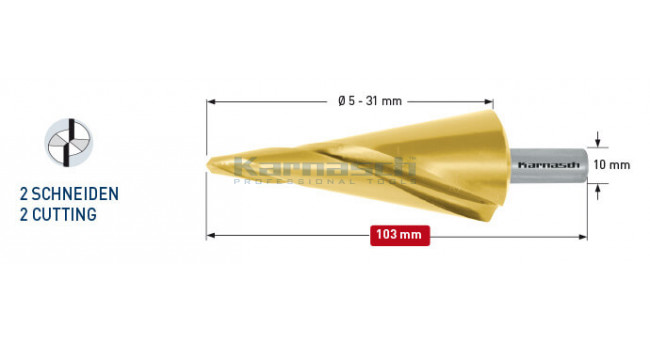 Коническое сверло с покрытием TiN-GOLD, диаметр 5-31 мм