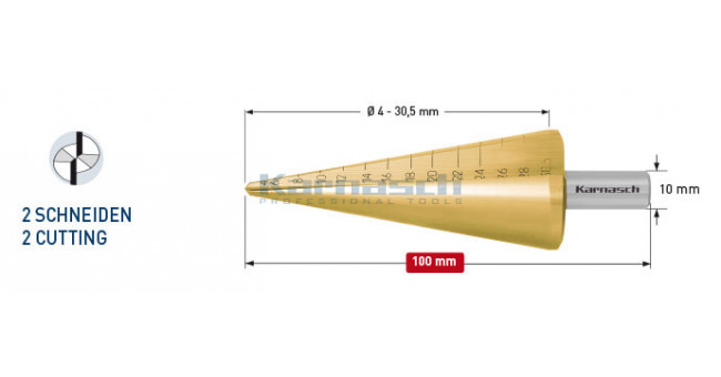 Коническое сверло с покрытием TiN-GOLD, диаметр 4-30,5 мм